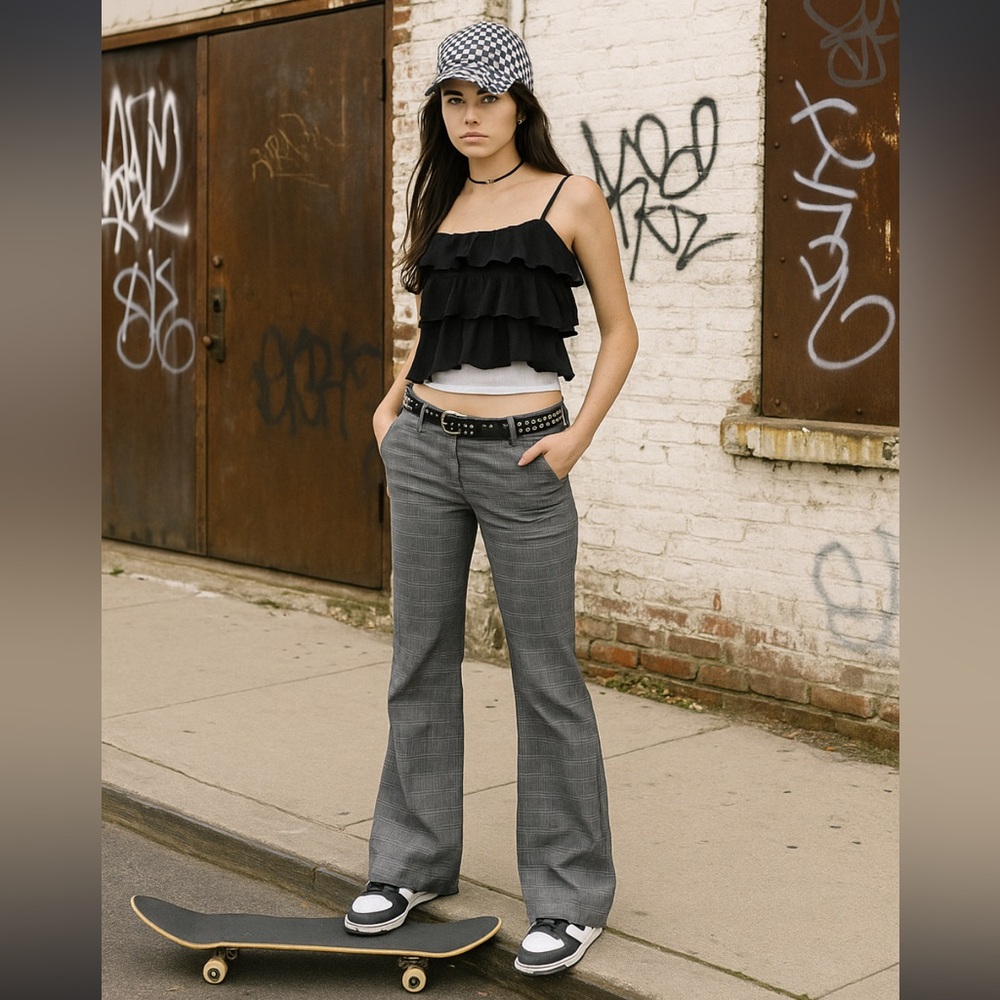 Y2K Plaid Flare Leg Low Rise Pants Skater Metallic Flap Pockets